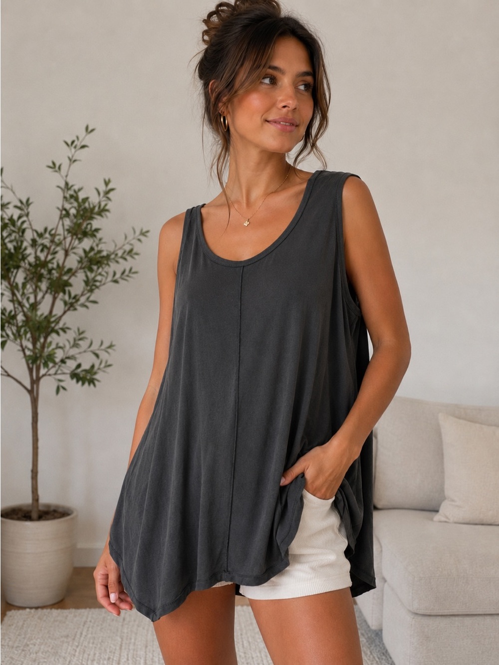 Free People Oversized Flowy One-Shoulder Top | Faded Black | Size Medium